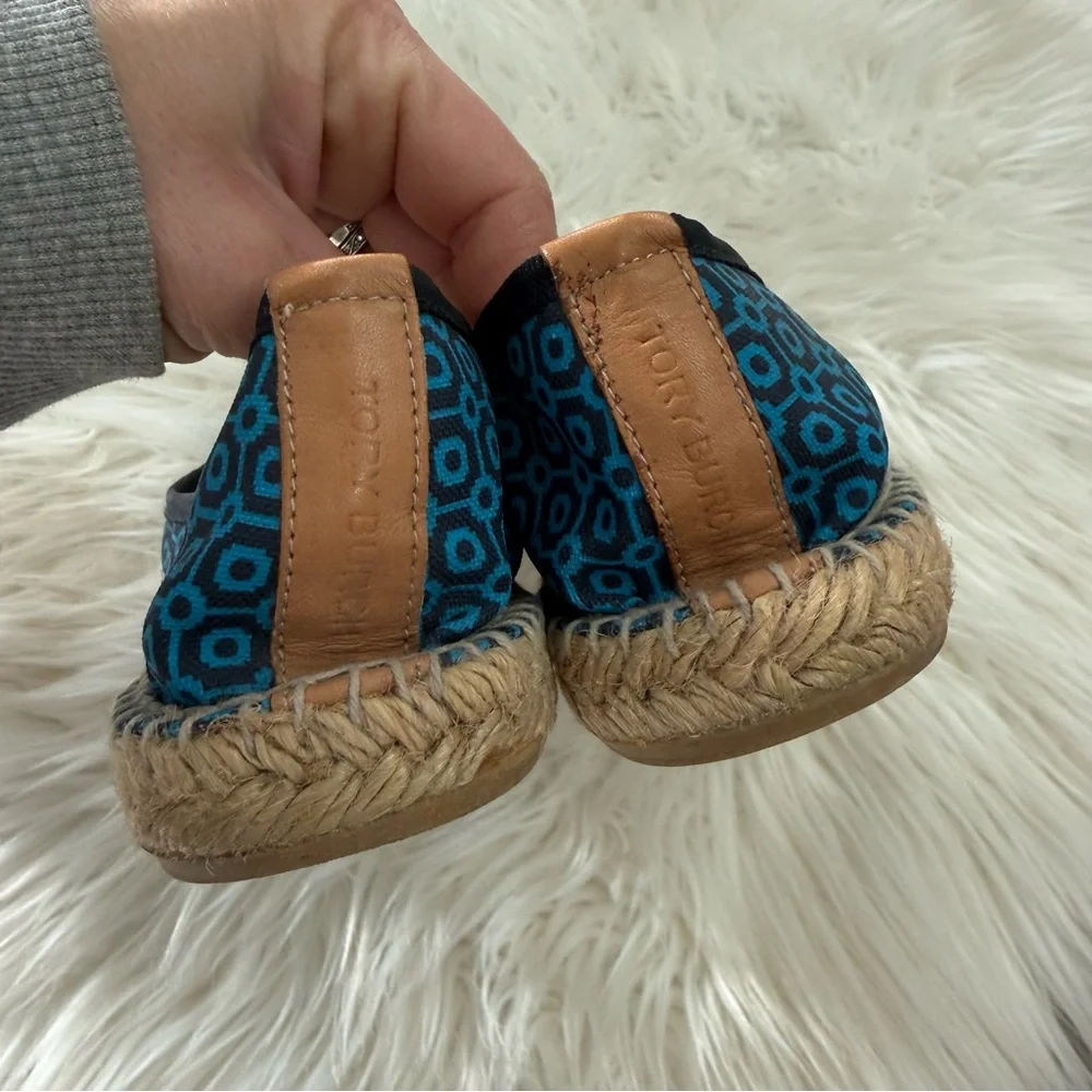 Tory Burch Canvas Ballet Espadrille Flats Navy Blue Geometric Print Bow Shoes 9